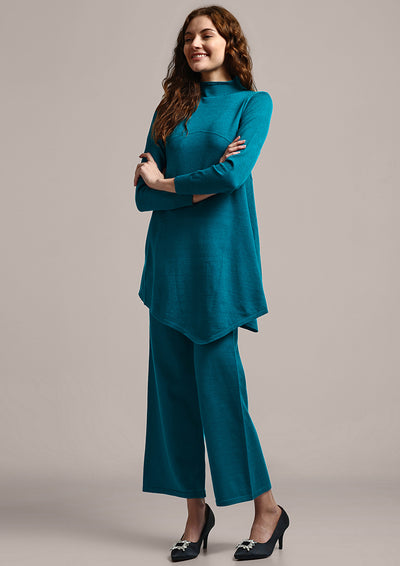 Teal Blue Long Knitted Flare Pullover With Wide Leg Pants Set