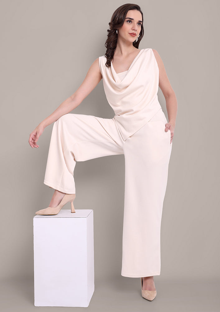 Beige Cowl Neck Top And Pants Co-ord Set IKI CHIC Private Ltd.