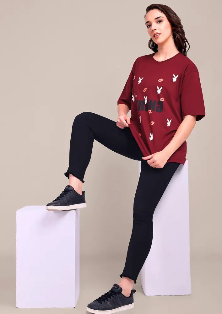Maroon Oversized Graphic Print T-Shirt IKI CHIC Private Ltd