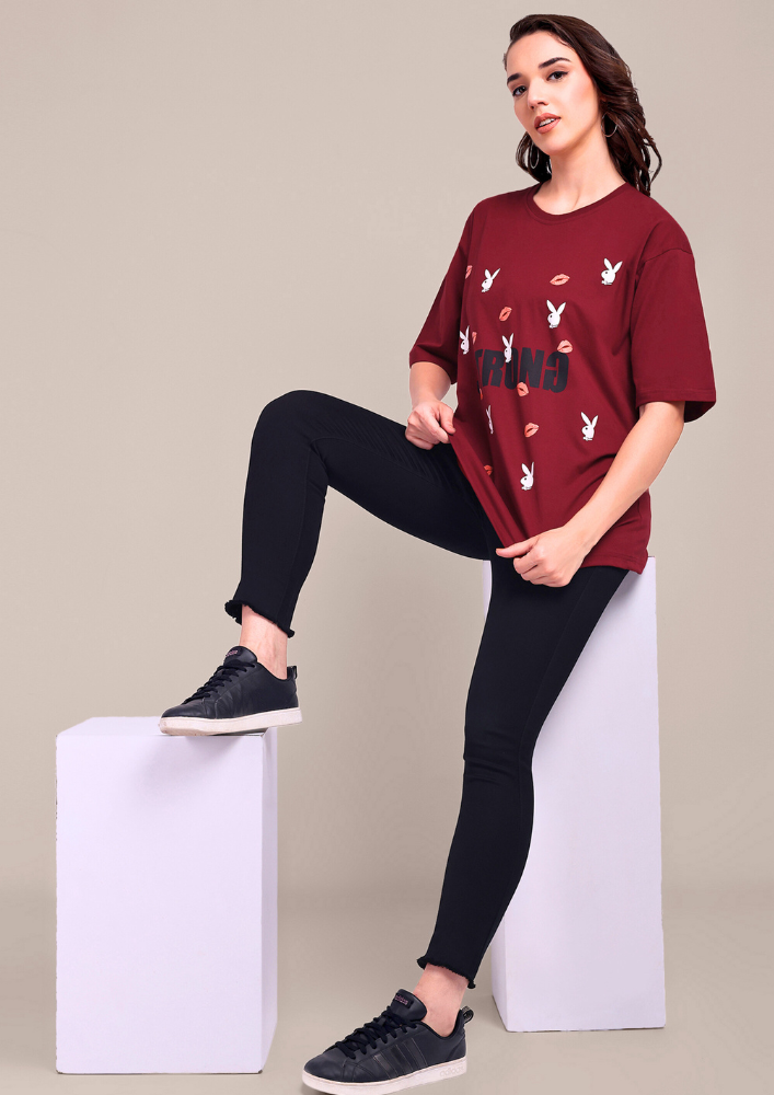 Maroon Oversized Graphic Print T-Shirt