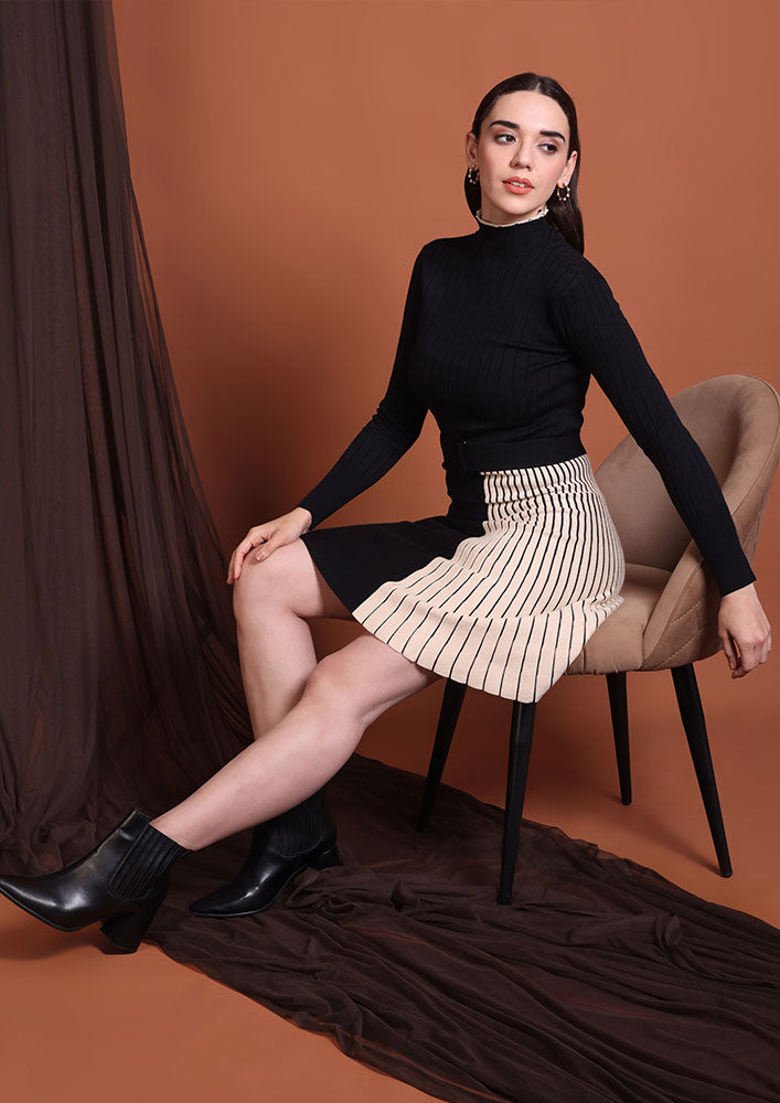 Black Ribbed Knit Mini Dress with Contrast Pleated Panel