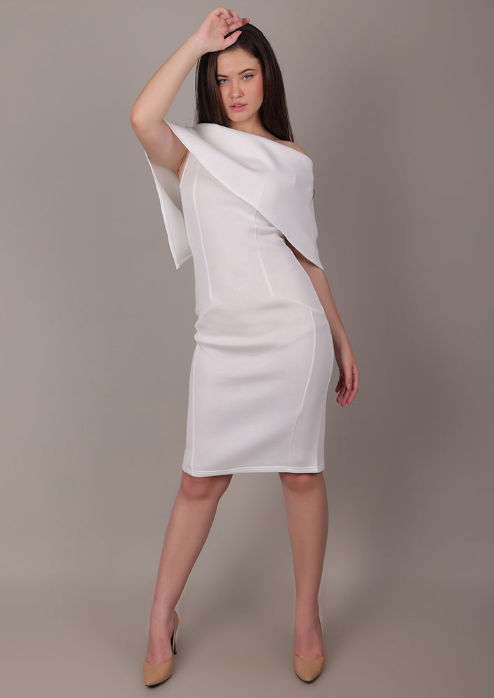 White Off-Shoulder Scuba Midi Dress