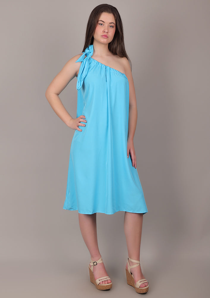 Sky Blue One-Shoulder Tie-Up Midi Dress