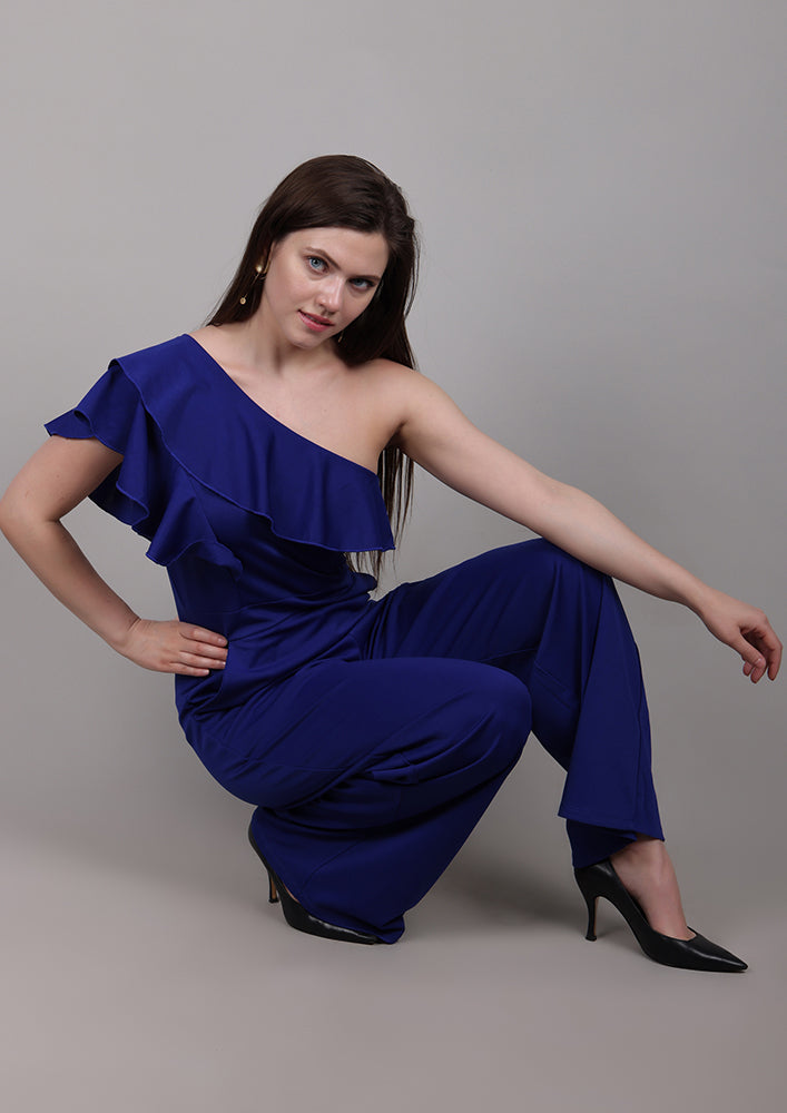 Blue One-Shoulder Jumpsuit with Front Ruffle IKI CHIC Private Ltd.