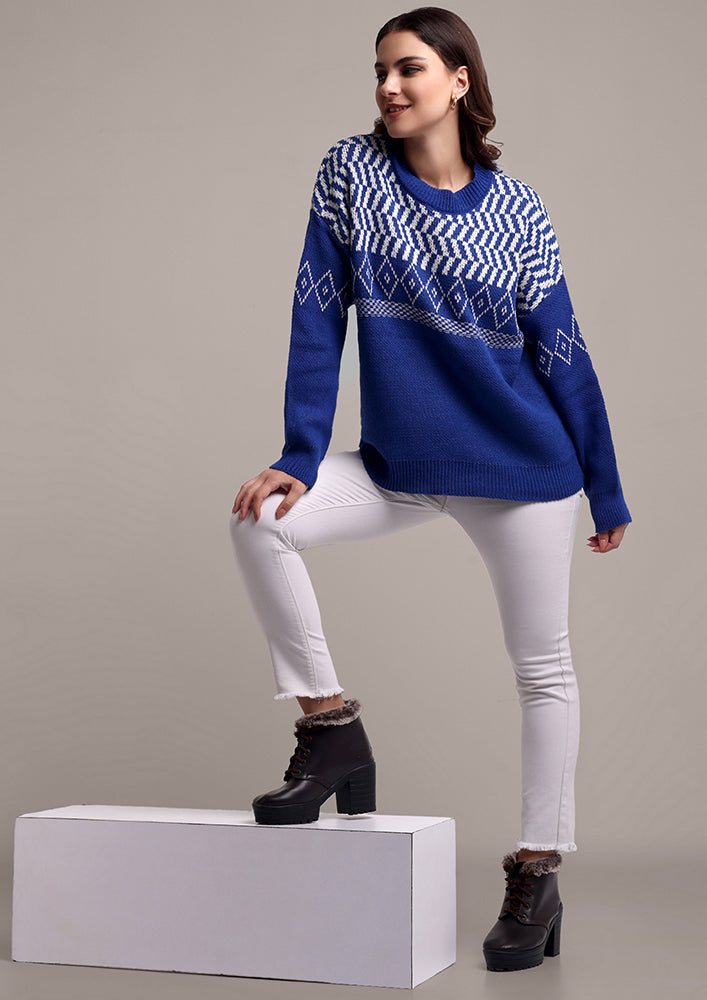 Blue Round Neck Oversized Knitted Sweater