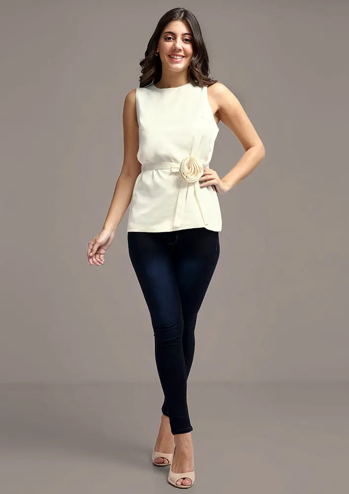 Off-white Sleeveless Satin Top With Detachable Belt IKI CHIC Private Ltd