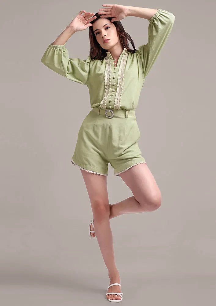 Pastel Green Lace Detailing  Shirt With High Waisted Shorts IKI CHIC Private Ltd