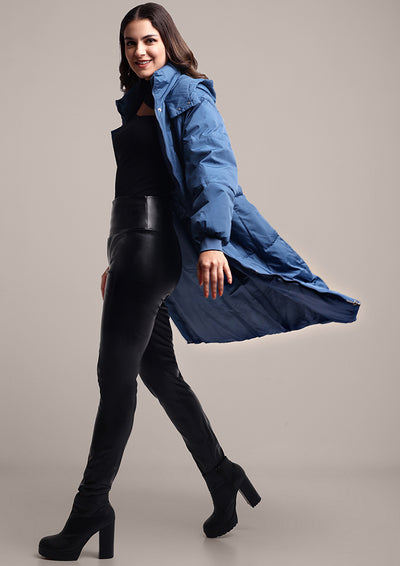 Blue Long Puffer Hooded Jacket