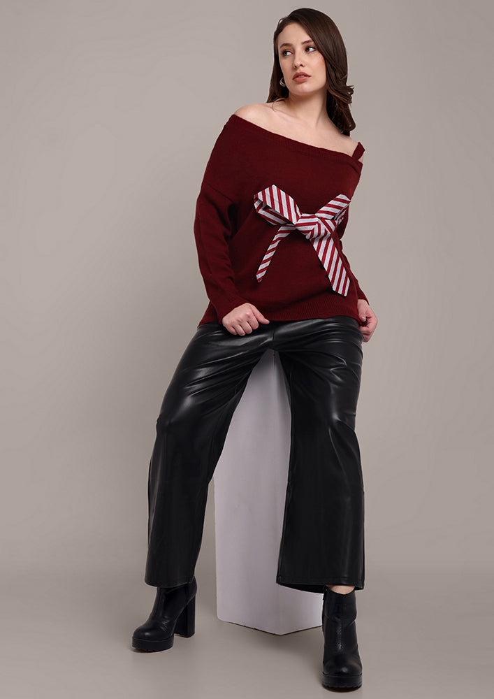 Maroon Knitted Sweater with Bow and Raw Hems