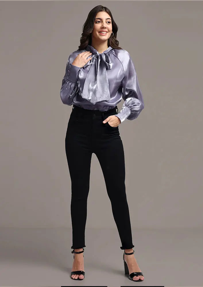 Satin Cuffed Sleeve Neck Tie-up Top IKI CHIC Private Ltd