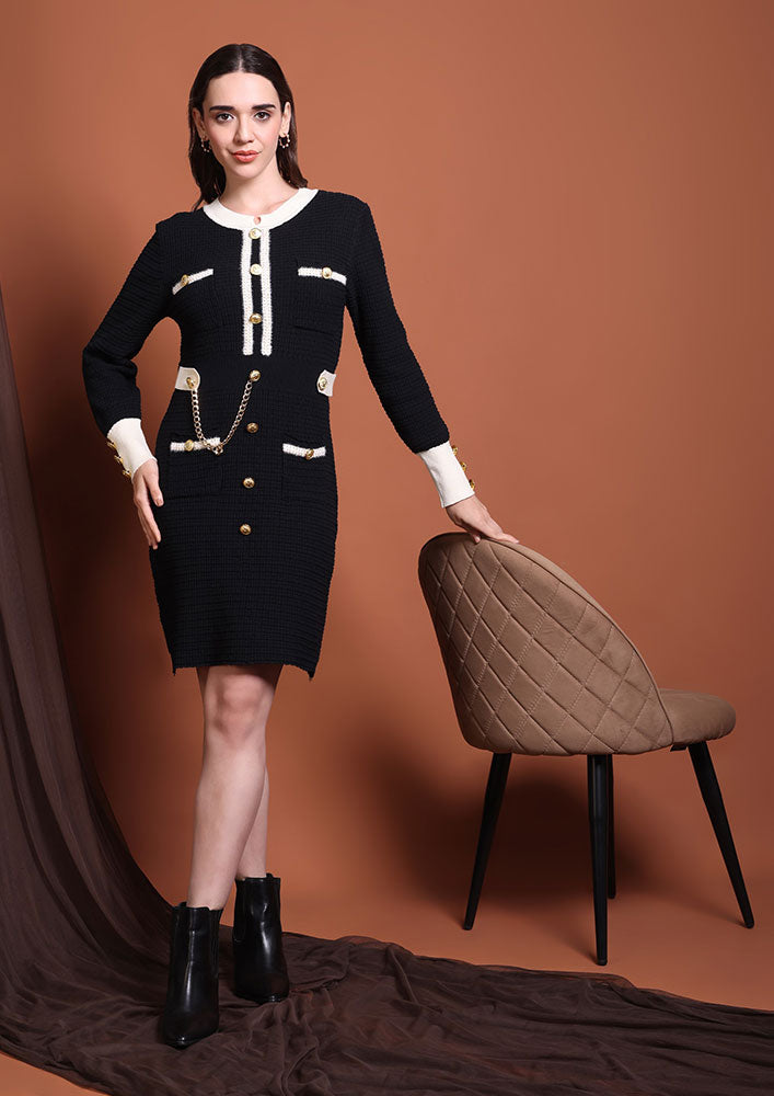 Black Textured Mini Dress with Gold Button Detail