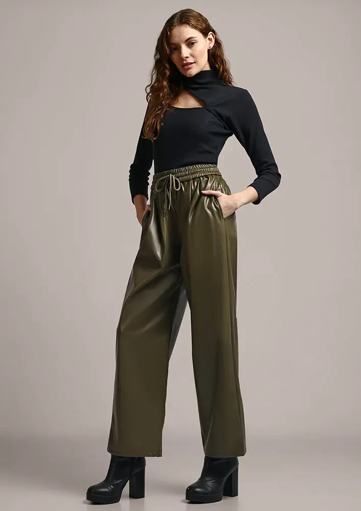 Olive Green Faux Leather Wide leg trousers IKI CHIC