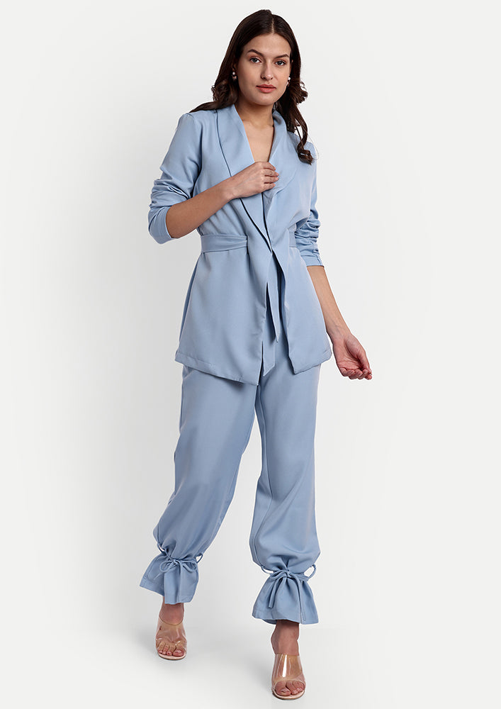 Blue Oversize Belted Blazer and Tie-up Pants Suit Set