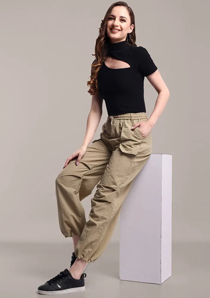 Beige Cargo Pants with Waist and Hem Strings IKI CHIC Private Ltd