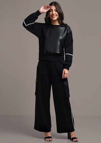 Black Cuff Sleeves Top And Pants Trackset With Leather Detailing