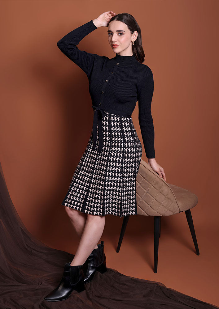 Black Mock Neck Woolen Midi Dress