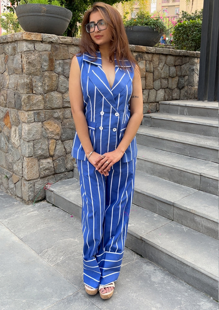Blue Striped Sleeveless Collared Co-ord Set IKI CHIC Private Ltd.