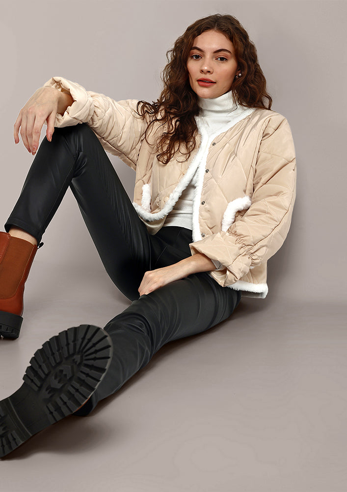 Beige Quilted Jacket With Soft Fur Detailing