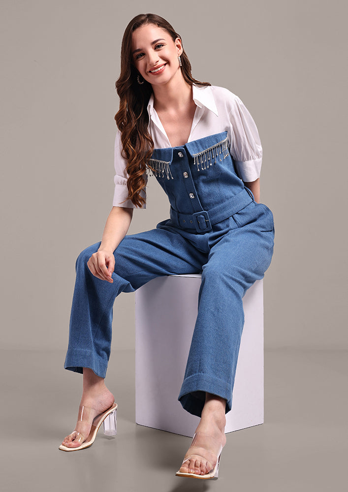 Denim Jumpsuit With Swarouvski Detail And Waist Belt