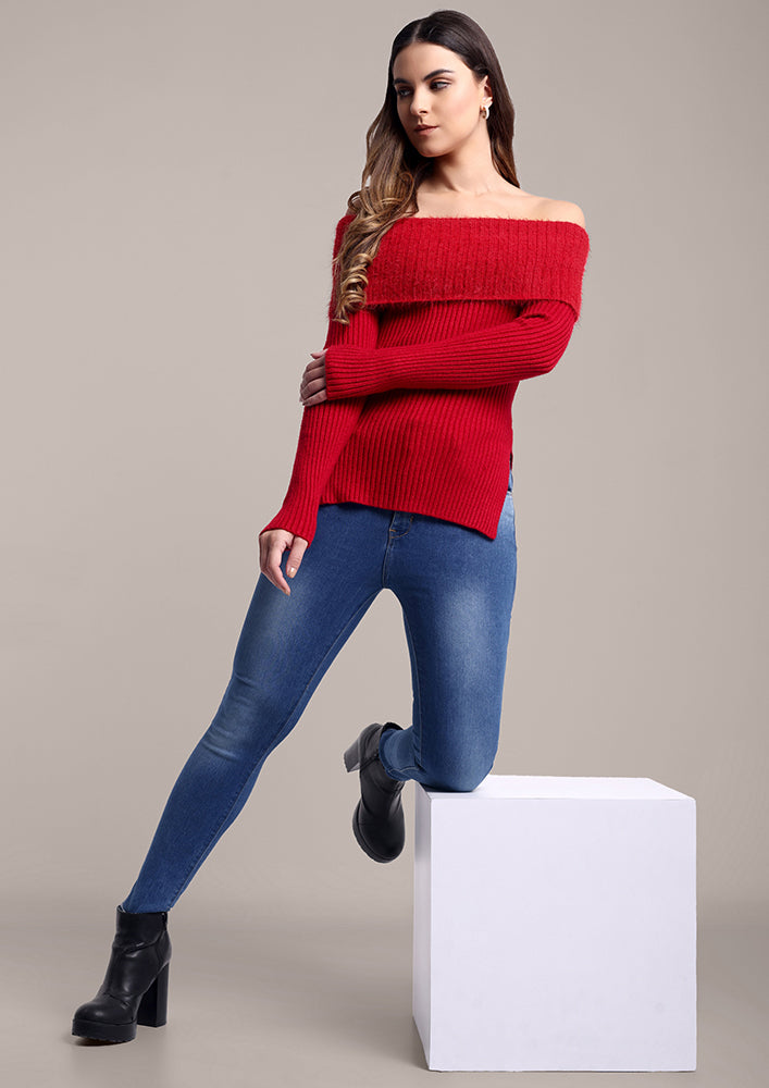 Red Off-Shoulder Sweater with Fur Detail