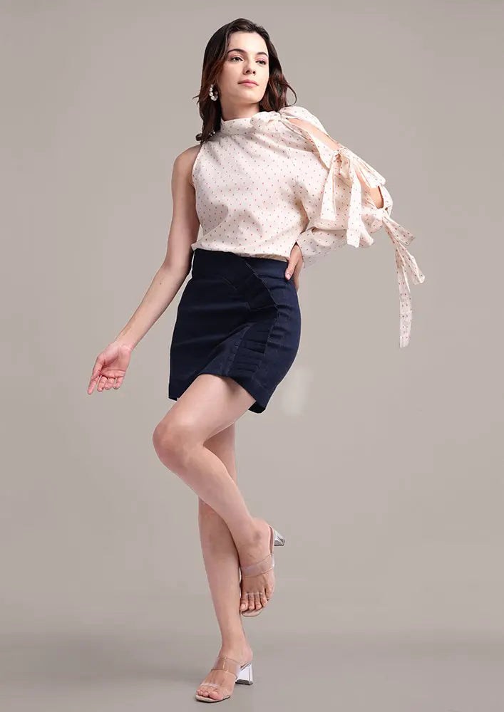 Off White One shoulder Cut Out sleeves Top And Denim Skorts Set IKI CHIC Private Ltd