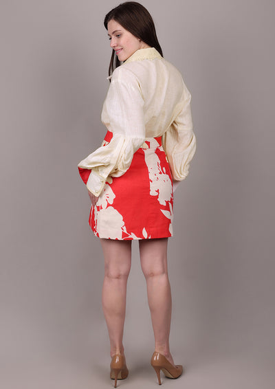 Beige Linen Shirt with Floral Wrap Skirt