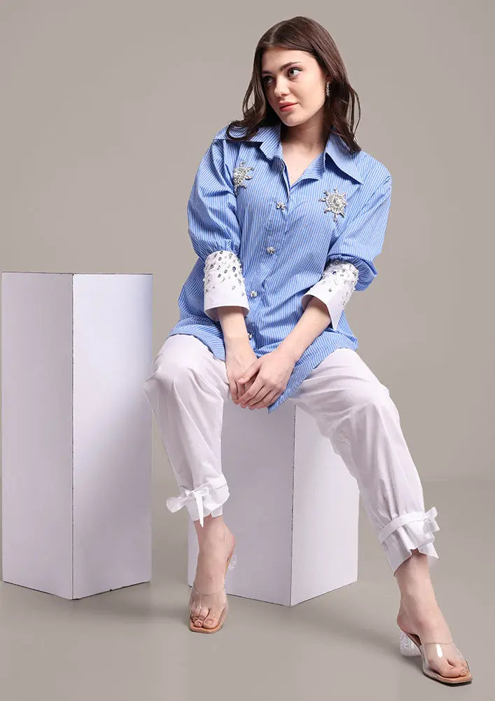 Blue Stripe High-Low Embellished Shirt With Tie-Up Pants IKI CHIC Private Ltd