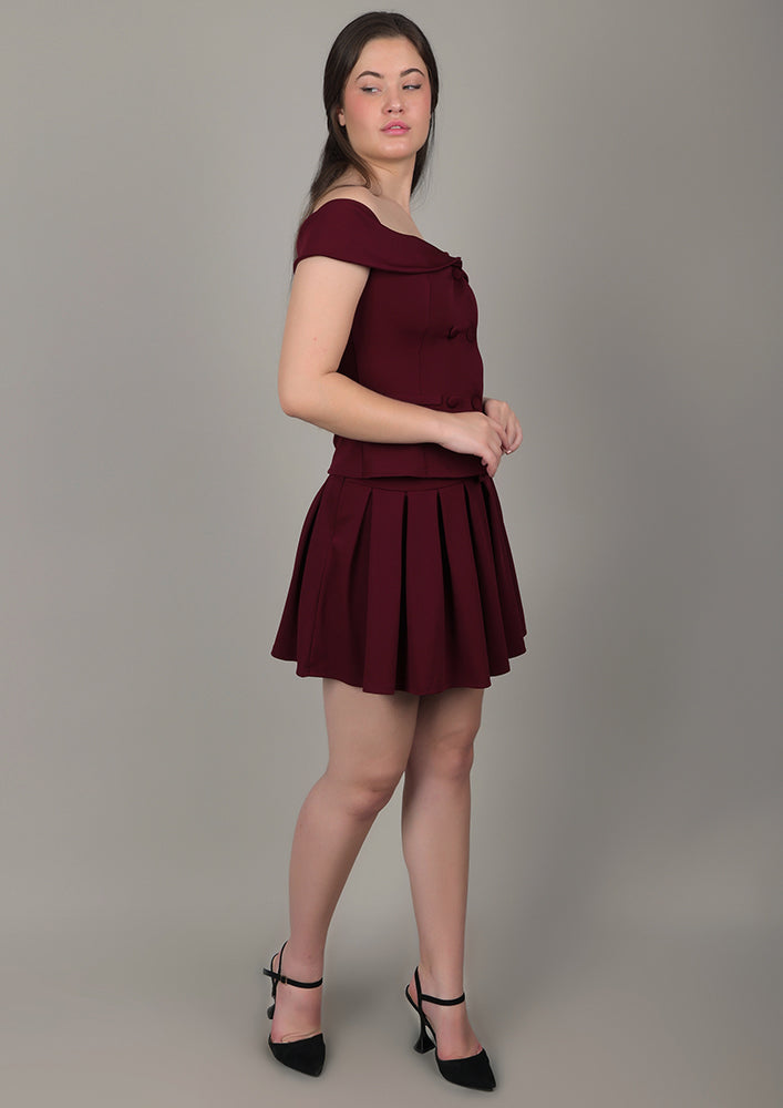 Burgundy Off-Shoulder top with Skirt IKI CHIC Private Ltd.