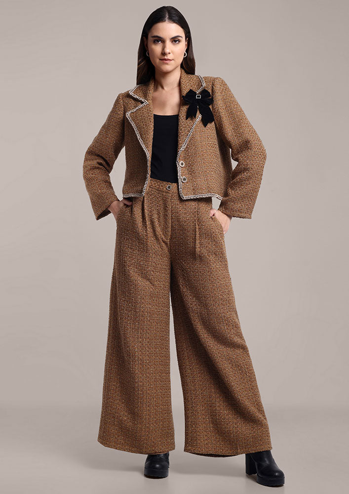 Brown Tweed Jacket with Swarovski Bow & Pants Set