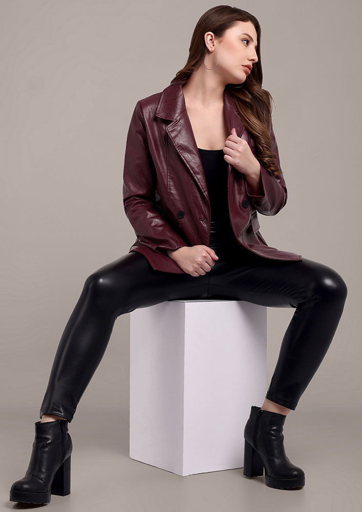Burgundy Leather Jacket with Notch Collar Style IKI CHIC Private Ltd.