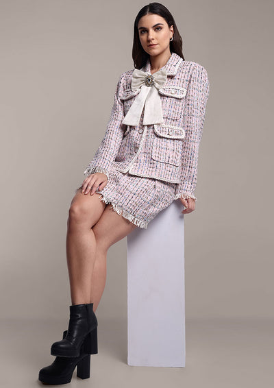 Pink Tweed Jacket with Swarovski Bow & Skirt Set