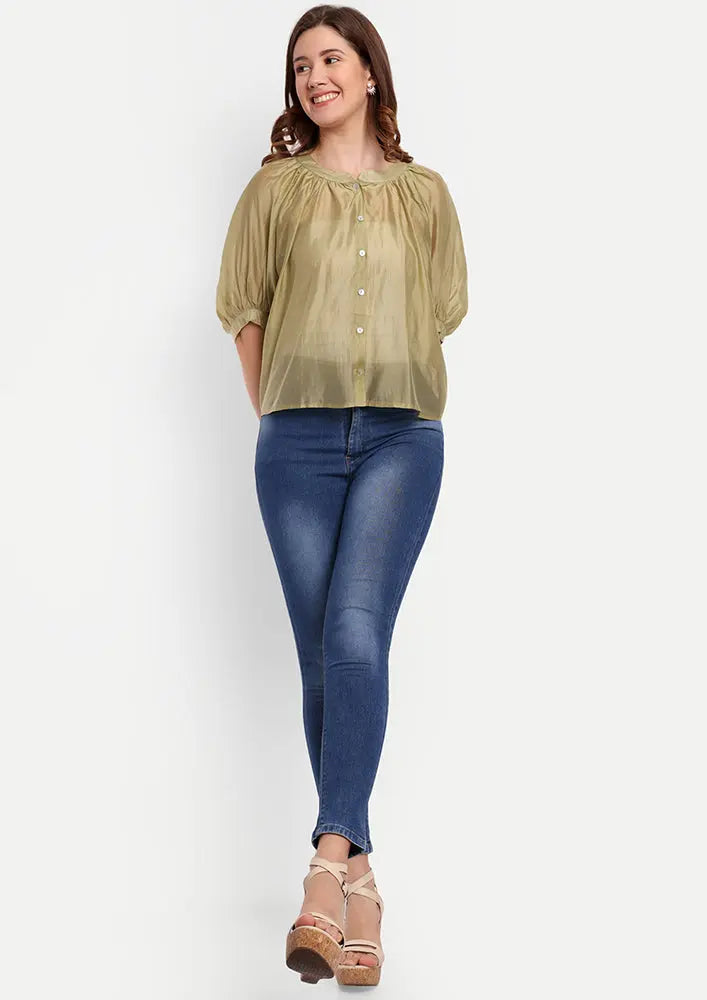 Green Front Button-Up Oversized Top With Puff Raglan Sleeves IKI CHIC Private Ltd