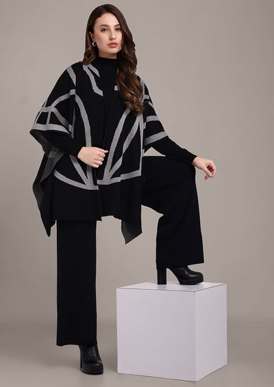 Black Long Sleeve Top With Kaftan Shrug And Pants Set