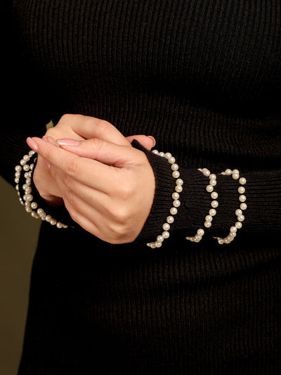Black Keyhole Knitted Midi Dress With Pearl Detailing