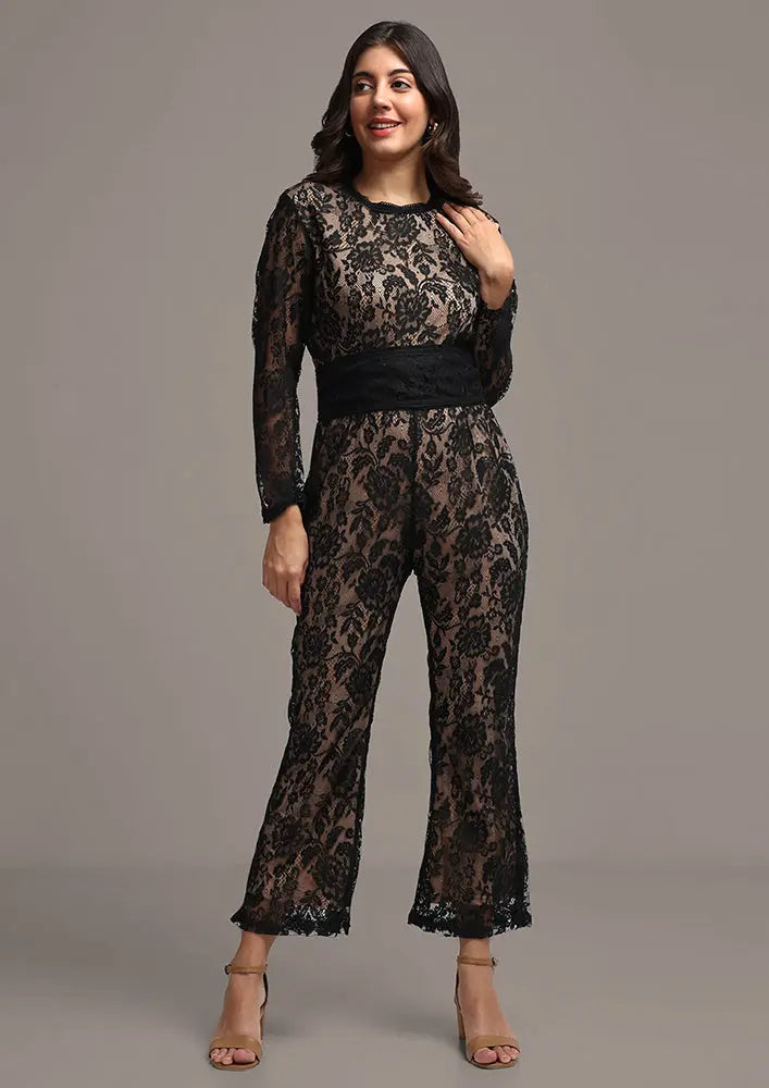Black Lace Embroidered Straight Leg Jumpsuit With Belt IKI CHIC Private Ltd