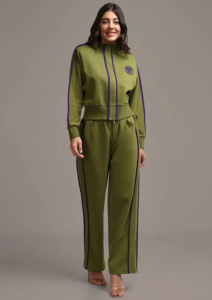 Olive Green Colorblock Jacket with Straight Leg Pants Set IKI CHIC Private Ltd
