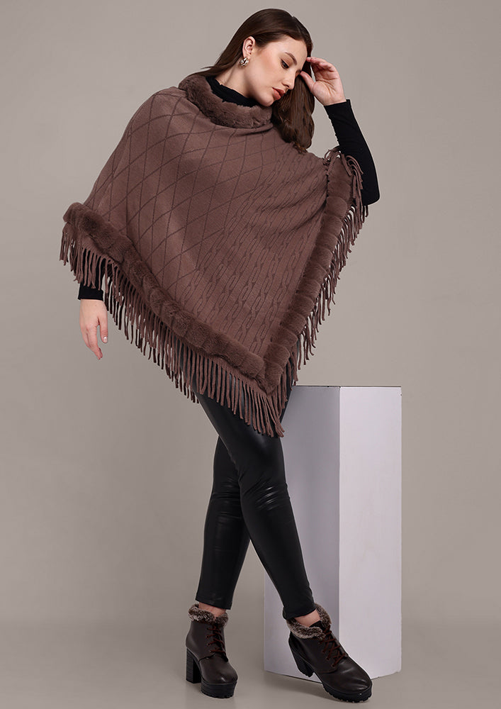 Brown Women's Poncho with Fringed Hem and Fur