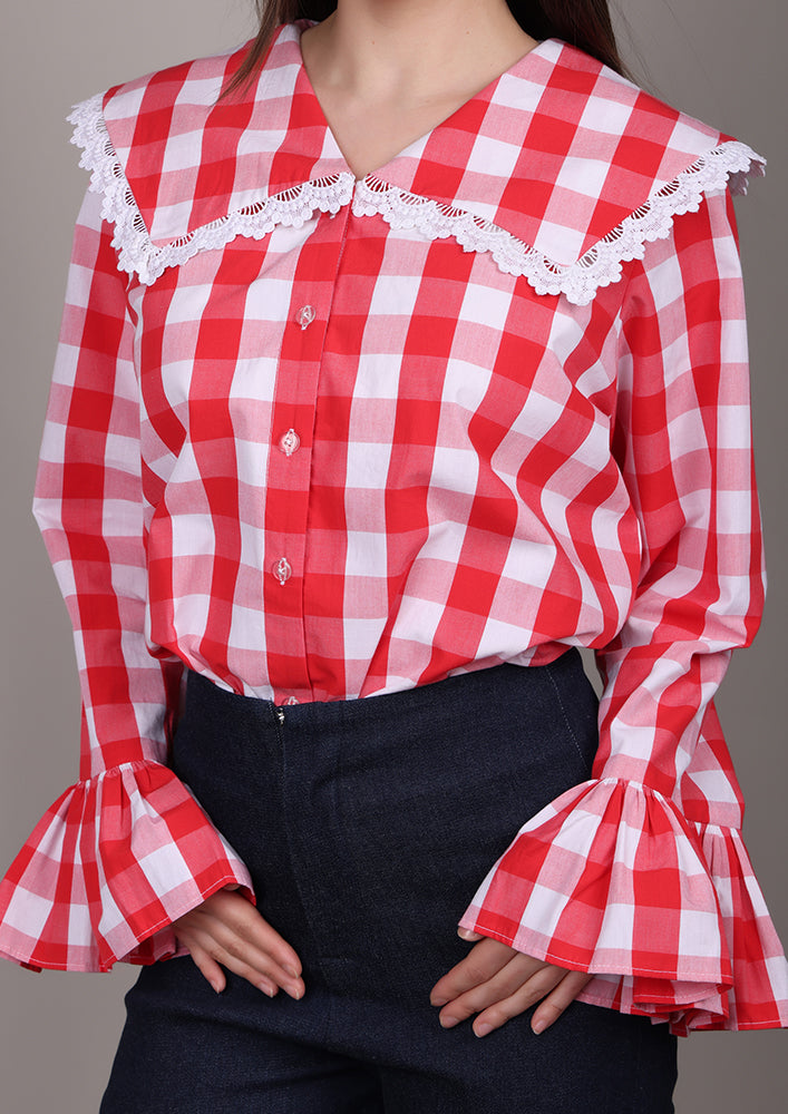Red and White Check Shirt With Sailor Collar IKI CHIC Private Ltd.