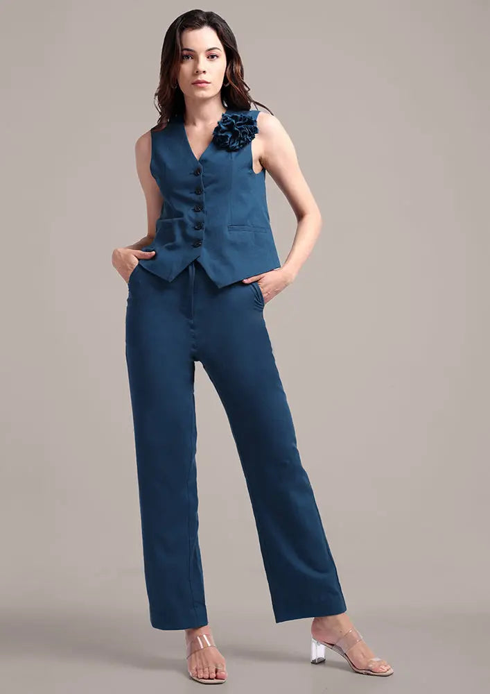 Teal Blue Sleeveless Front Button-Up Vest With High Waisted Pants IKI CHIC Private Ltd