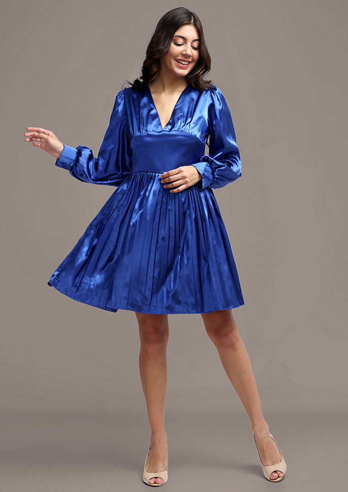 Blue Solid Puff Sleeve Pleated Midi Dress