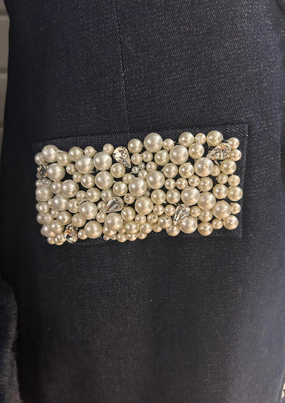 Pearl-Embellished Tailored Denim Blazer