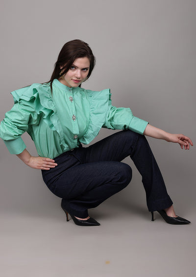 Mint Green Poplin Oversized Shirt with Ruffle Detailing & Embellishments