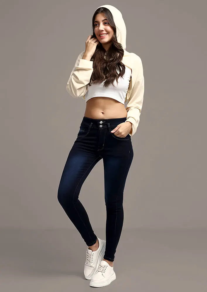 Beige Hooded Long Sleeve Crop Top IKI CHIC Private Ltd