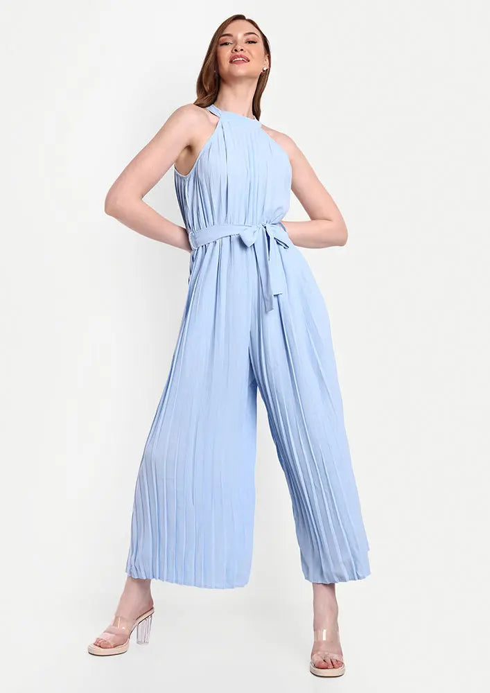 Blue Halter Neck Pleated Wide Leg Jumpsuit IKI CHIC Private Ltd