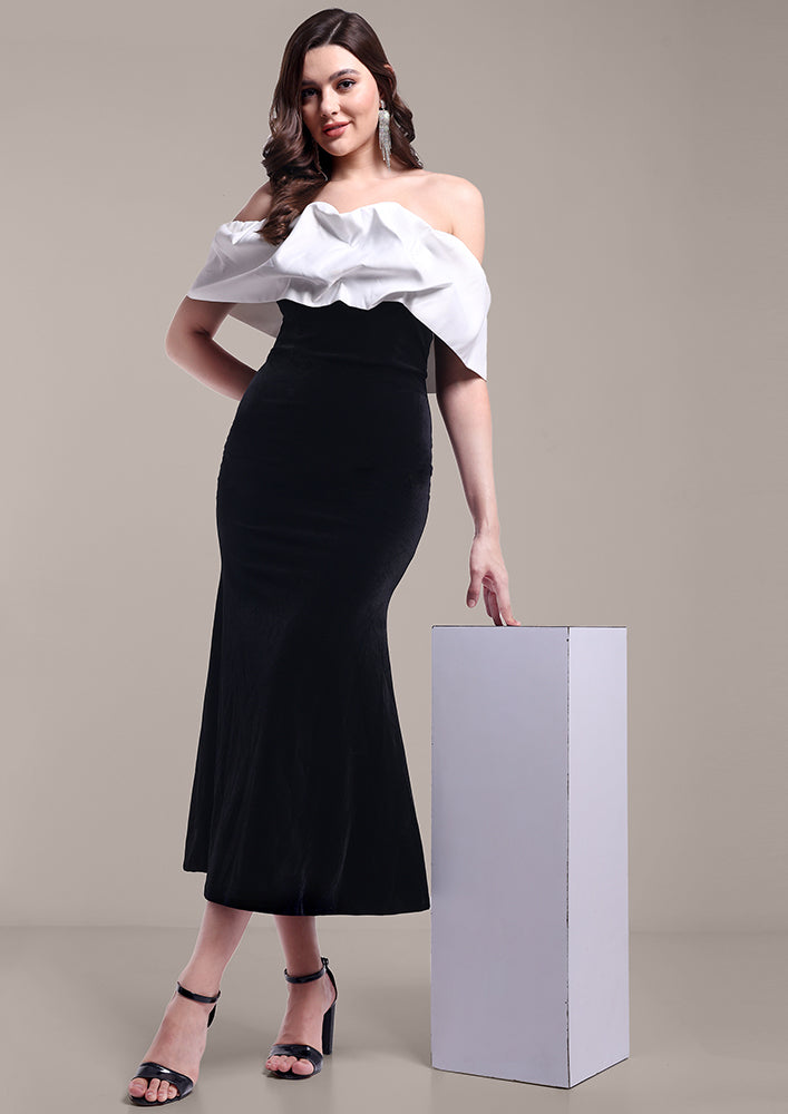 Black Velvet Off-Shoulder Bodycon Maxi Dress