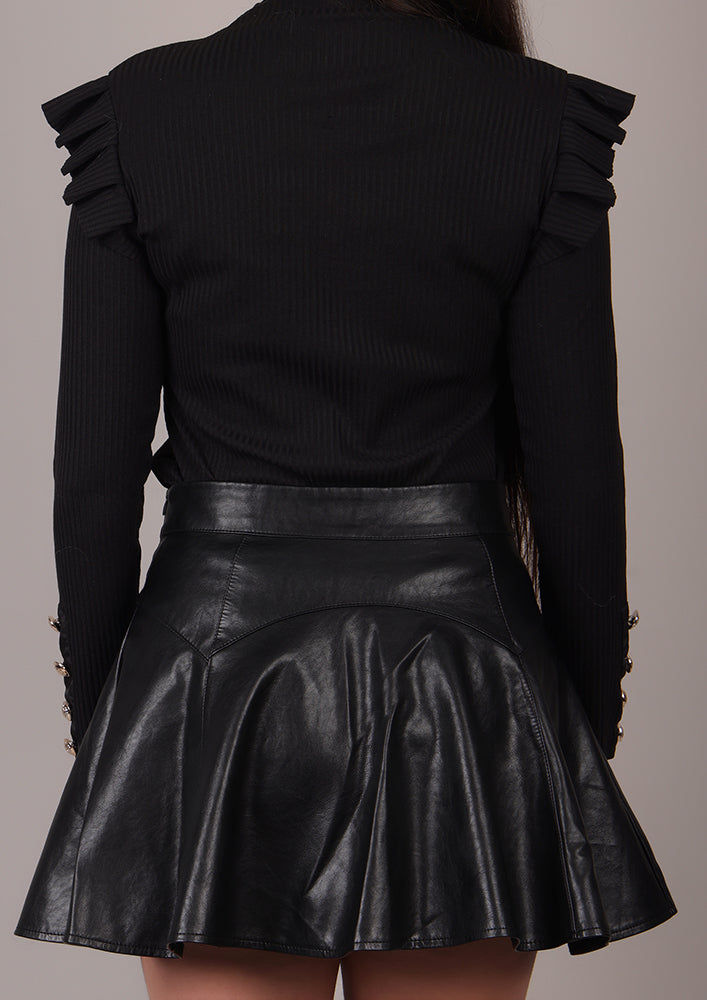 Black Leather Mini A-Line Skirt IKI CHIC Private Ltd.