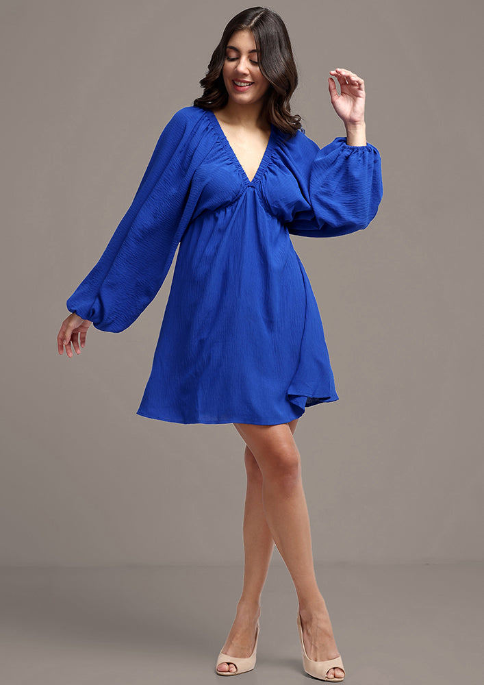 Blue Solid V-Neckline Flared Mini Dress