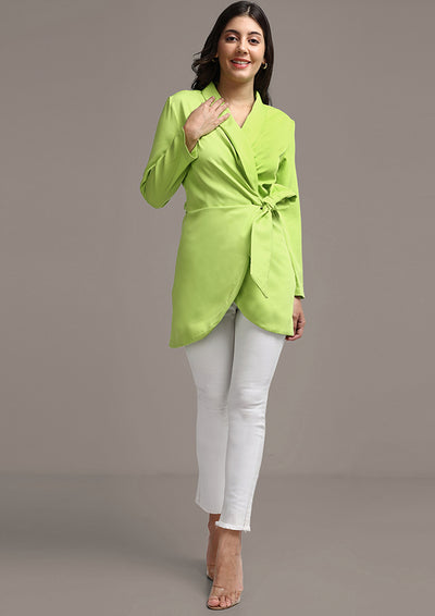 Solid Green Wrap Detail Single Breasted Blazer