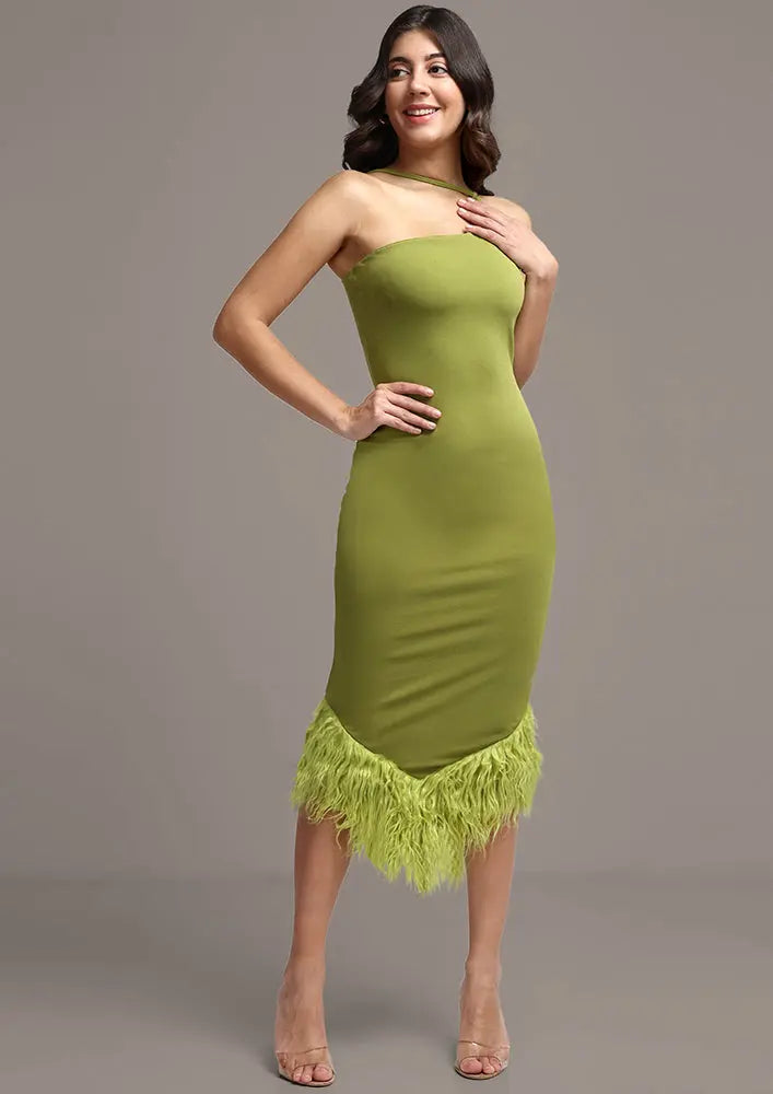 Green Feather Trim One-Shoulder Bodycon Midi Dress - IKI CHIC Green Feather Trim One-Shoulder Bodycon Midi Dress - IKI CHIC