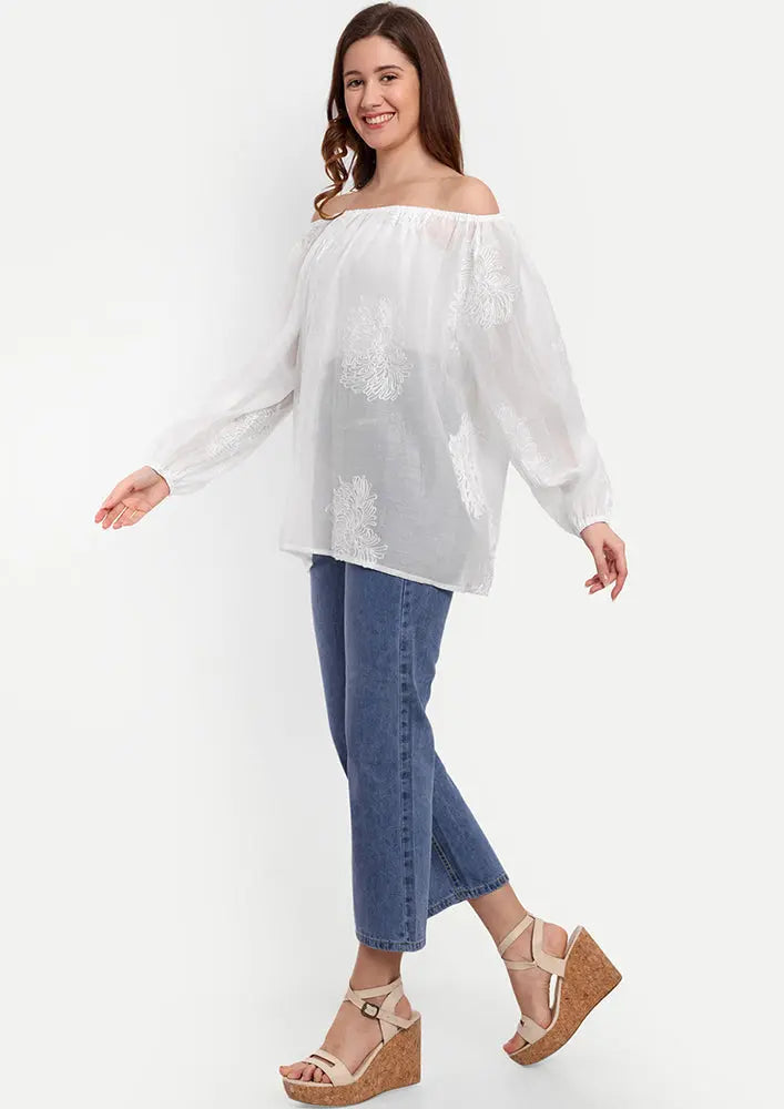 White Embroidered Blouse With Long Puff Sleeves IKI CHIC Private Ltd